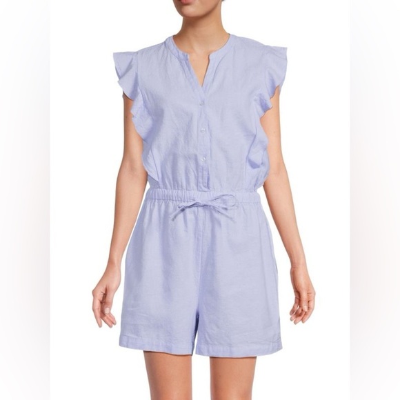 Saks Fifth Avenue women’s romper large 12 14 jumper jumpsuit linen blue ruffle - Picture 1 of 8